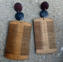 Load image into Gallery viewer, Handmade Minimalistic Afrocentric  Afro Pick Wooden Earrings brown pierced ears
