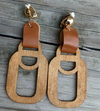 Load image into Gallery viewer, Unique faux leather and wood Clip On Earrings
