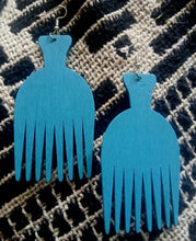 Load image into Gallery viewer, Classic Wood Afro Pick Earrings teal Color
