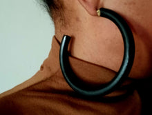 Load image into Gallery viewer, Handmade handpainted  Extra Large 3.5 inch Chunky Natural Wood Hoop Earrings dark green
