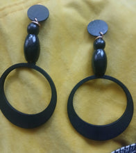 Load image into Gallery viewer, Handmade Chunky Wooden Hoop Clip On Earrings black 5 inch
