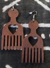 Load image into Gallery viewer, Afrocentric heart Afro Pick Wooden Earrings dark brown
