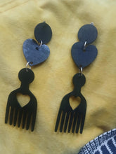 Load image into Gallery viewer, Handmade handpainted Natural Wood Afro Pick Clip On Dangle Earrings black
