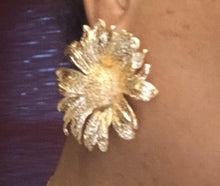 Load image into Gallery viewer, Giant Avant Garde Brutalist Gold Metal sunflower Earrings (pierced ears)

