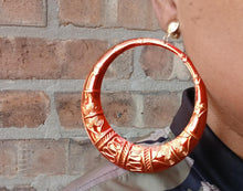 Load image into Gallery viewer, Classic Clip On Large Bamboo Hoop Earrings red and gold
