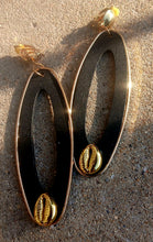 Load image into Gallery viewer, Wood metal and cowrie Hoop Clip on Earrings
