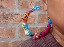 Load image into Gallery viewer, Extra Large ankara fabric wrapped Bamboo Earrings pierced ears
