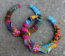 Load image into Gallery viewer, Extra Large ankara fabric wrapped Bamboo Earrings pierced ears
