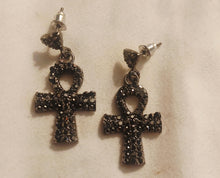 Load image into Gallery viewer, Handmade Small Rhinestone Ankh Dangle Earrings gunmetal color pierced ears
