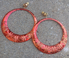 Load image into Gallery viewer, Classic Clip On Large Bamboo Hoop Earrings red and gold
