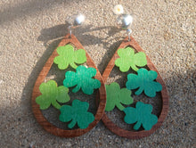Load image into Gallery viewer, Handmade boho Lucky Clover st. Patty's  Wood Design Clip On Earrings
