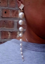 Load image into Gallery viewer, Handmade Faux Pearl and rhinestone Dangle Earrings Clip ons 5 inch
