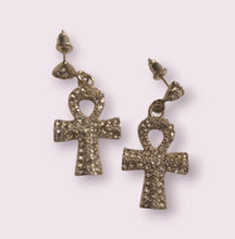 Load image into Gallery viewer, Handmade Small Rhinestone Ankh Dangle Earrings silver pierced ears

