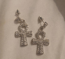 Load image into Gallery viewer, Handmade Small Rhinestone Ankh Dangle Earrings silver pierced ears
