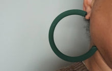 Load image into Gallery viewer, Handmade handpainted  Extra Large 3.5 inch Chunky Natural Wood Hoop Earrings dark green
