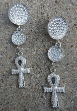 Load image into Gallery viewer, Handmade Rhinestone Ankh Earrings silver pierced ears
