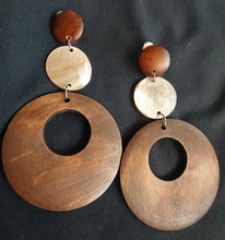 Load image into Gallery viewer, Handmade Chunky Wood and abalone Hoop Clip On Earrings
