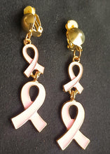 Load image into Gallery viewer, Clip On Pink ribbon Awareness earrings handmade
