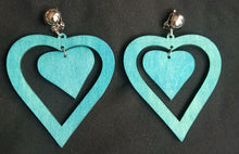 Load image into Gallery viewer, Teal Clip On wooden Heart Dangle Earrings
