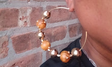 Load image into Gallery viewer, Extra large gold and wood bead glam boho hoops pierced ears 3.5 inch
