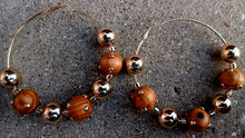 Load image into Gallery viewer, Extra large gold and wood bead glam boho hoops pierced ears 3.5 inch
