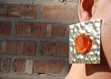 Load image into Gallery viewer, Extra Large Runway Avant Garde hammered metal and citrine rhinestone Earrings  pierced ears
