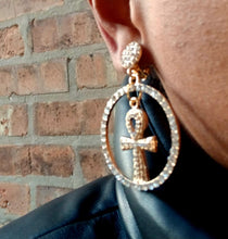 Load image into Gallery viewer, Handmade Clip On Rhinestone Ankh Earrings gold
