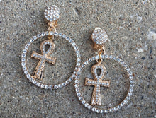 Load image into Gallery viewer, Handmade Clip On Rhinestone Ankh Earrings gold
