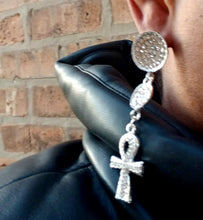 Load image into Gallery viewer, Handmade Rhinestone Ankh Earrings silver pierced ears
