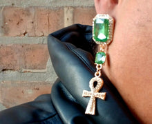 Load image into Gallery viewer, Handmade Gold Ankh Earrings with Rhinestones – Lightweight Bling Jewelry
