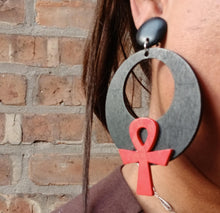 Load image into Gallery viewer, Handmade  Large Clip On Wooden Ankh Hoop Earrings
