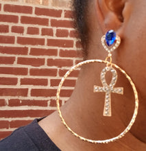 Load image into Gallery viewer, Handmade Rhinestone Ankh Hoop Earrings gold and green stone
