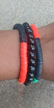 Load image into Gallery viewer, Mens red yellow green black acrykic disc and wood bead  Layering Bracelet set new
