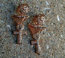 Load image into Gallery viewer, Rhinestone Ankh Earrings gold handmade pierced ears
