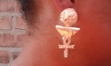 Load image into Gallery viewer, Rhinestone Ankh Earrings gold handmade pierced ears
