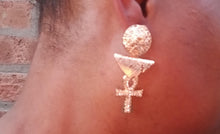 Load image into Gallery viewer, Rhinestone Ankh Earrings gold handmade pierced ears
