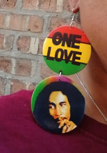 Load image into Gallery viewer, Handmade large Wood one love bob marley Design Earrings pierced ears
