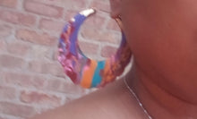 Load image into Gallery viewer, Extra large handpainted bamboo hoop Clip on Earrings 3 inch gold
