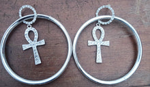Load image into Gallery viewer, Handmade Rhinestone Ankh Hoop Earrings gold pierced ears
