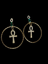 Load image into Gallery viewer, Handmade Rhinestone Ankh Hoop Earrings gold and green stone
