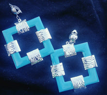 Load image into Gallery viewer, Large enameled Square Hoop Clip On Earrings turquoise/silver
