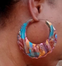 Load image into Gallery viewer, Extra large handpainted bamboo hoop Clip on Earrings 3 inch gold
