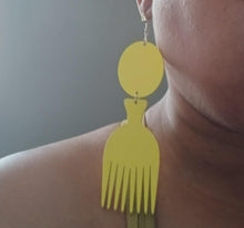 Load image into Gallery viewer, Handmade Wood Afro Pick Earrings yellow Color pierced ears
