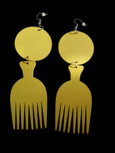 Load image into Gallery viewer, Handmade Wood Afro Pick Earrings yellow Color pierced ears
