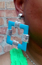 Load image into Gallery viewer, Large enameled Square Hoop Clip On Earrings turquoise/silver
