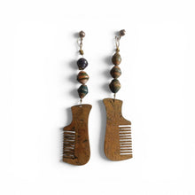 Load image into Gallery viewer, Natural Wood Handpainted Afro Pick Clip On Dangle Earrings

