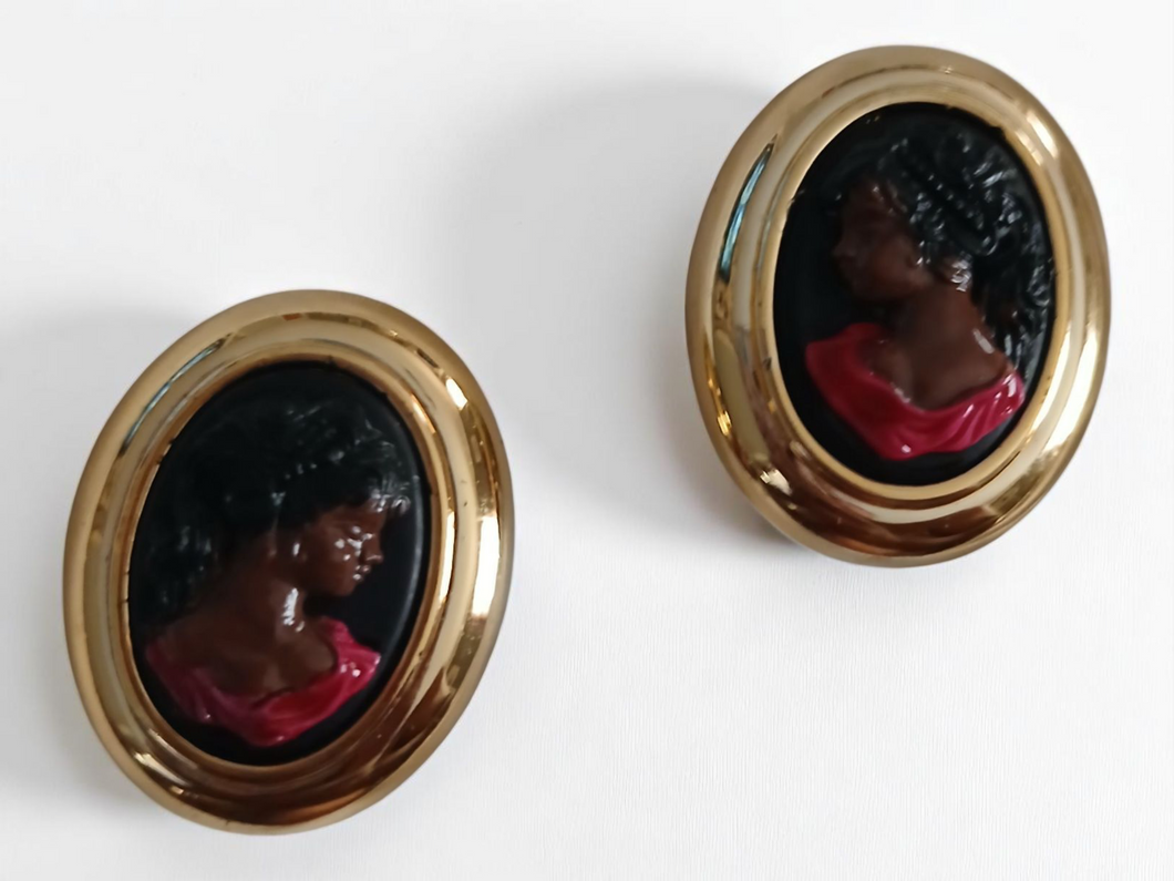 handmade handpainted black Cameo clip on earrings
