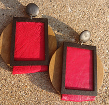 Load image into Gallery viewer, Handmade wood and leather Abstract Clip on Earrings
