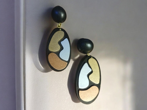 Vintage art deco couture wooden dangle handmade clip on earrings 1990s