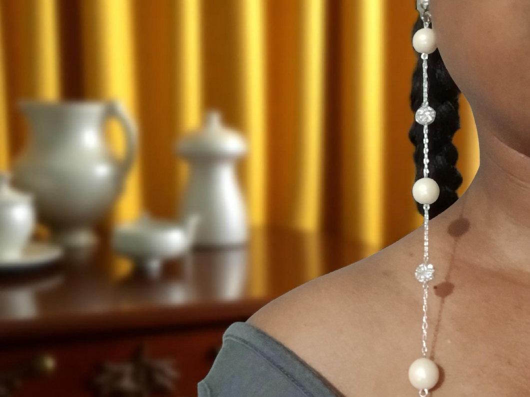 Handmade Faux pearl rhinestone and chain clip on earrings